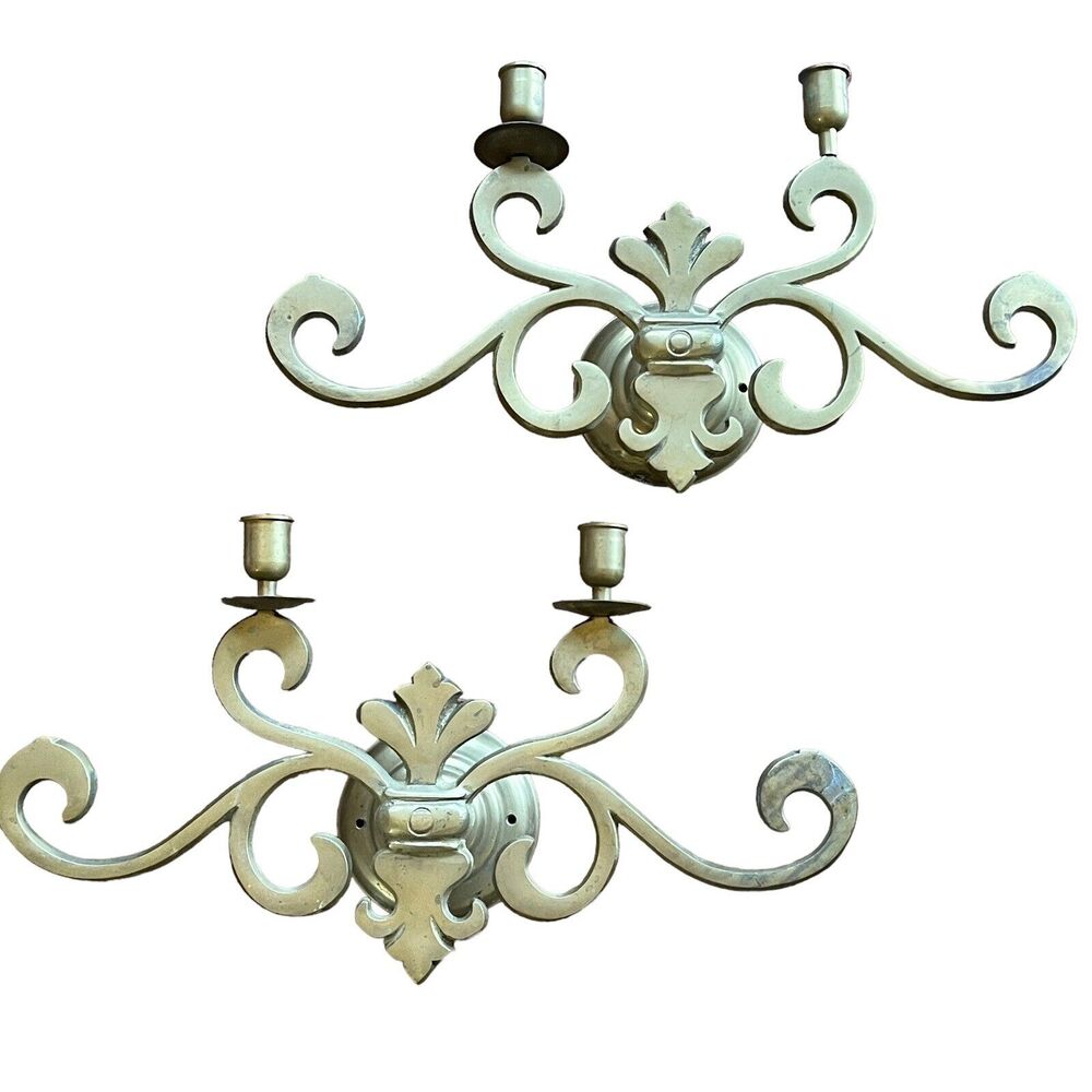 Brass Candle Wall Sconce Vintage Set of 2 For Parts/Repair 16" X 8" Mid Century